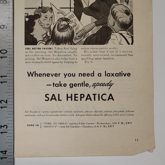 1943 Sal Hepatica Print Ad 7AM Not Well 9AM Swell Laxative Humor 1940s Ephemera - Picture 7 of 8